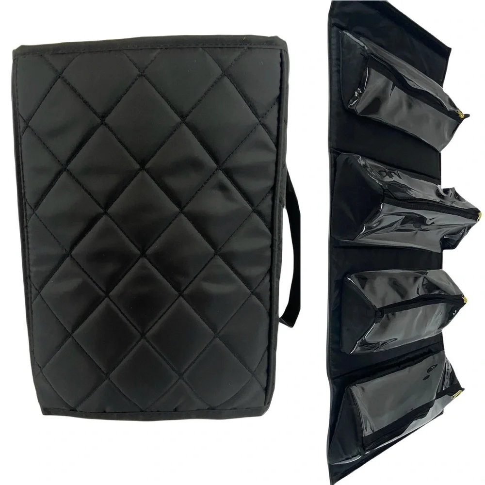 Roll-up hanging cosmetic toiletry organizer 4 zip pouches, padded, carry handle